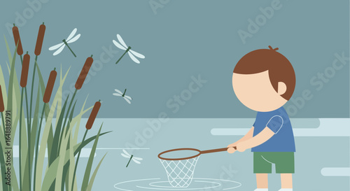 A young boy with a net fishing for dragonflies in a serene pond illustration