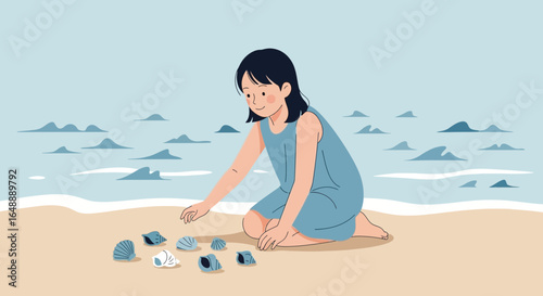 A young girl with dark hair finds seashells on a beautiful sandy beach seaside illustration with a minimalist style