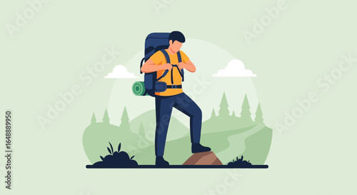 Adventurer Prepares For Trekking In Scenic Nature Landscape Background