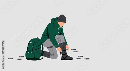 Adventurer Preparing For Cold Weather Hike Tying Bootlaces In A Snowy Mountain