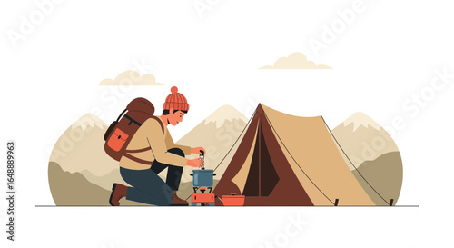 Adventurer Preparing Food In Mountain Campgrounds While Enjoying Peaceful Nature