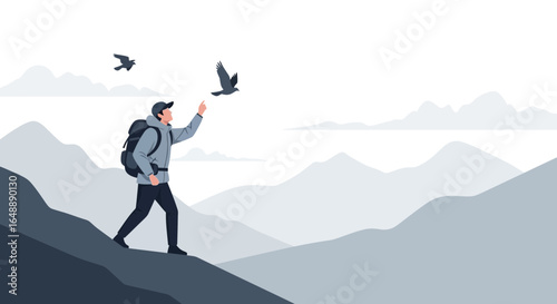Adventurer Reaching For a Bird While Hiking On Mountain Peak Landscape