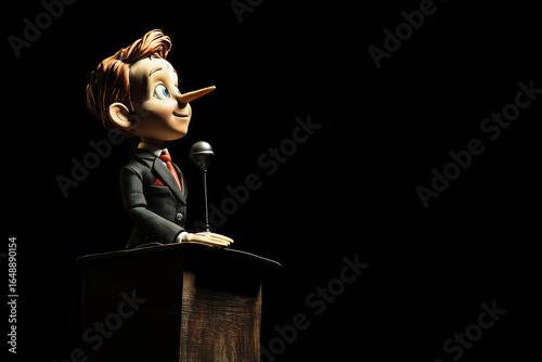 Pinocchio at the political podium, the concept of lies and populism, copyspace