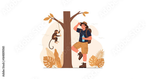 Adventurer Resting Against Tree Watching Monkey Play On Vine In Jungle