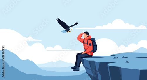 Adventurer Sits on the Cliff Edge Watching an Eagle Fly in the Sky