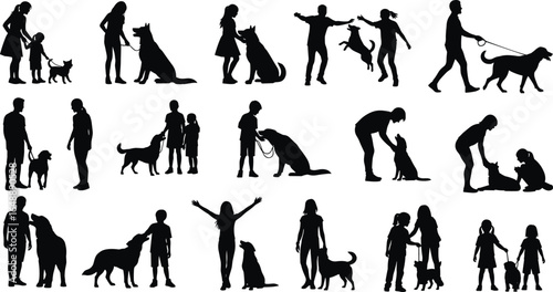 Silhouette of people with dogs, walking, playing, petting, training, children with pets, animal companionship, vector illustration for pet lovers