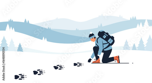 Adventurer Tying Shoelace During Winter Hike Tracking Animal Pawprints