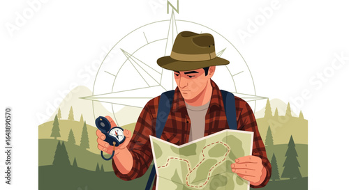 Adventurer Using Map And Compass For Direction Finding In Nature Exploration
