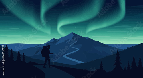 Adventurer Witnessing The Aurora Borealis Trekking Through Nordic Mountains