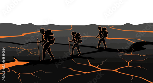Adventurers Navigate Barren Landscape Symbolizing Resilience And Determination