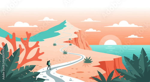Adventurer's Serene Coastal Journey, Tranquil Path to Panoramic Views