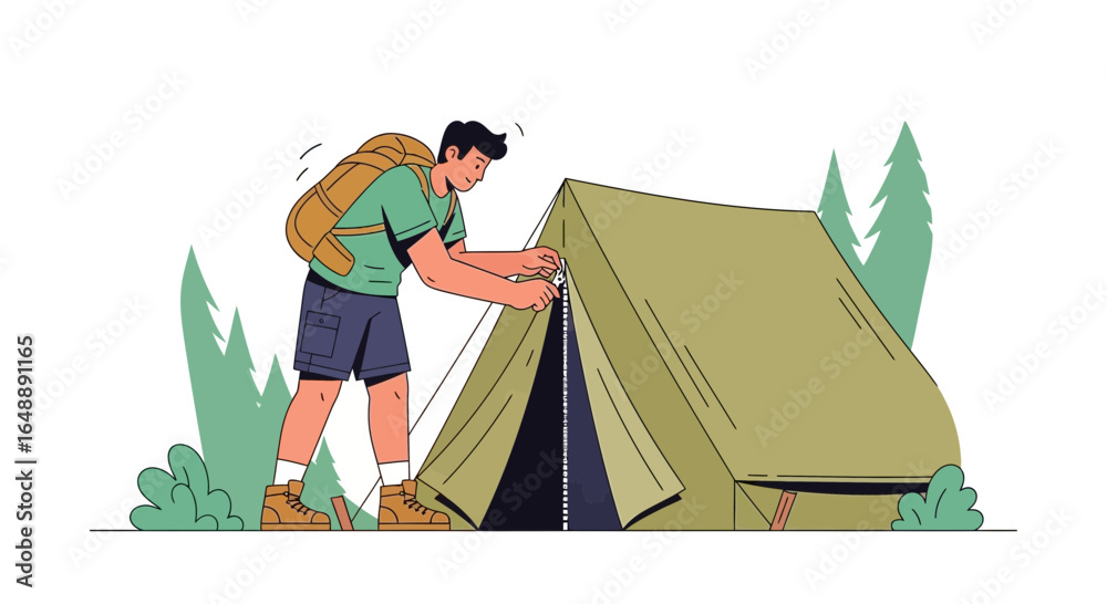 Obraz premium Adventures Begin Young Man Zipping Up The Tent For Overnight Camp
