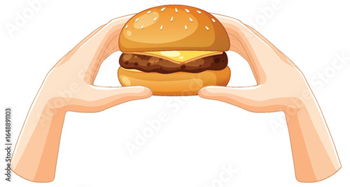 Hands Holding Cheeseburger with Sesame Seed Bun