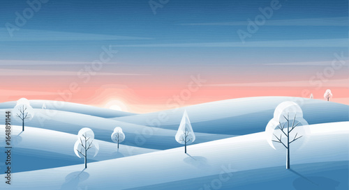 Abstract Winter Landscape Scene With Snow Covered Hills And Bare Trees