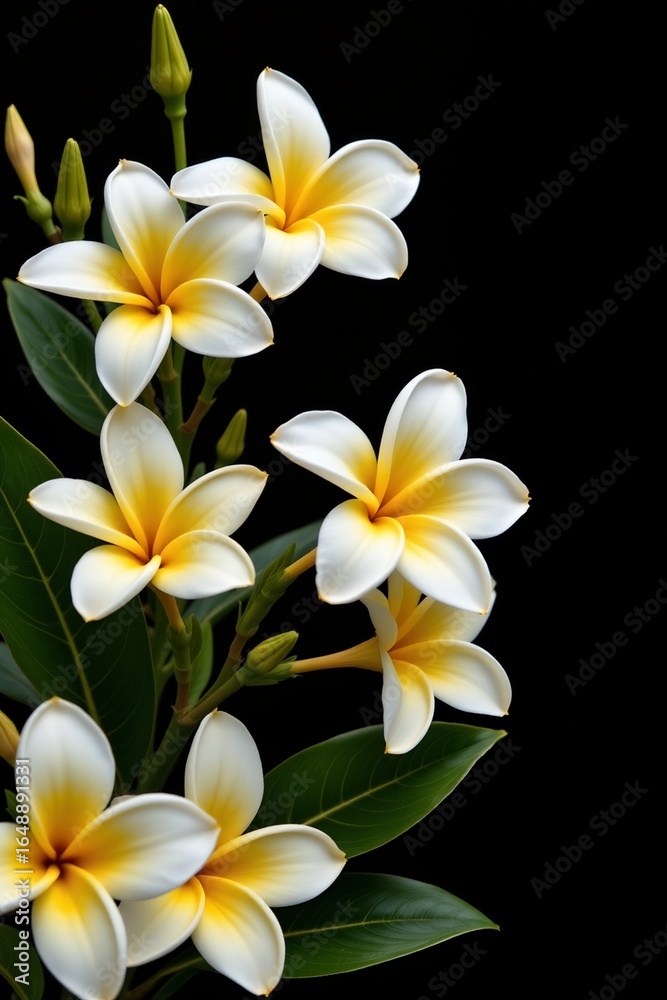 Obraz premium A striking and elegant image featuring frangipani blooms in white and yellow hues against a minimalistic black background