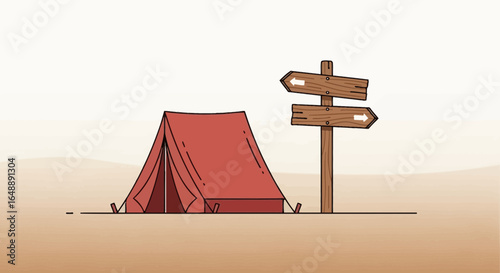 Adventures In Nature: Red Tent Beside Wooden Arrows Indicator In The Wilderness