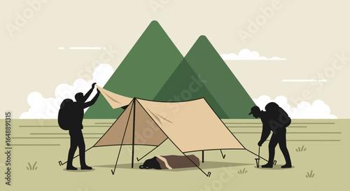Adventures In Nature Two Travelers Set Up Camp At Base Of Mountain