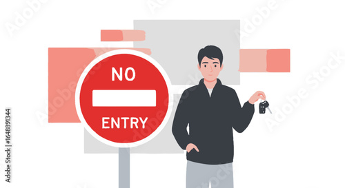 Access Restrictions Man Hold Car Keys near a Symbolic Roadblock