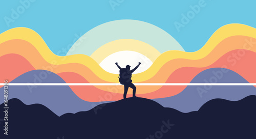 Achievement Silhouette Against Colorful Mountain Layers During Sunset Scenery