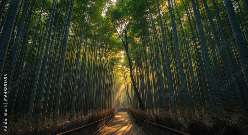Fototapeta premium Sunlight filters through a dense bamboo forest