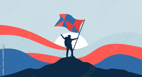 Achieving Goals With Determination Climbing to The Mountain Peak And Raising Flag