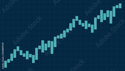 Vector illustration of an upward-trending bar chart with teal bars on a dark grid background, symbolizing growth and progress