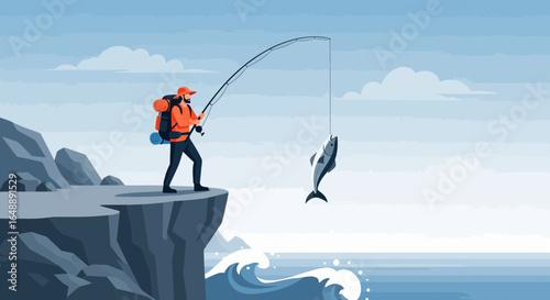 Adventurous Angler On Cliff Edge Catching Fish With A Fishing Rod