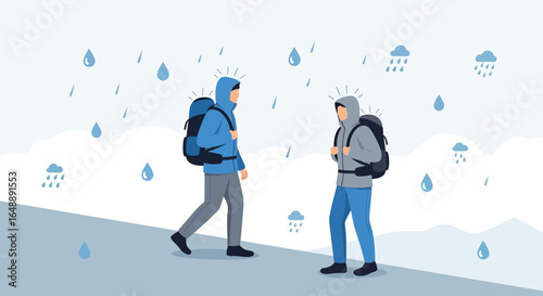 Adventurous Backpackers Trekking Through a Rainy Mountain Landscape Illustration