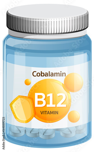 Transparent plastic bottle with metallic cap containing vitamin B12 tablets, labeled cobalamin, rendered in clean, modern vector style with bright colors