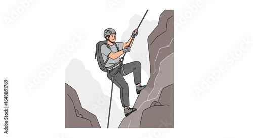 Adventurous Climber Descending Rock Face Using Rope For Outdoor Challenge