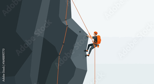 Adventurous Climber Ascending Steep Rock Face With Rope and Safety Equipment