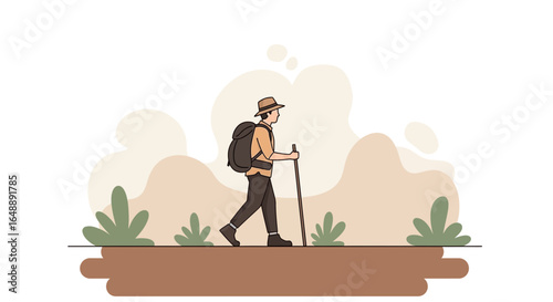 Active Lifestyle Concept Man Trekking Outdoor With Hiking Gear Vector Illustration