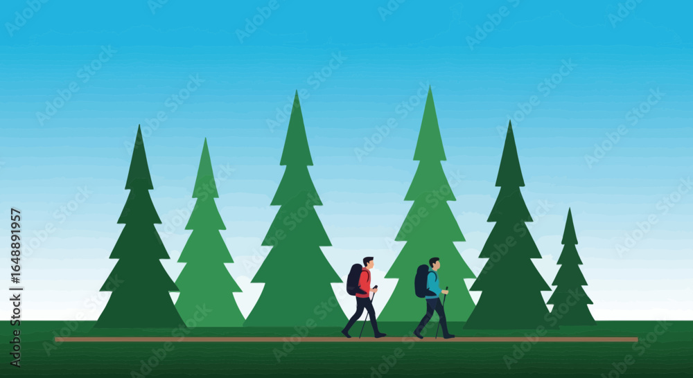 Obraz premium Adventurous Couple Hiking Through A Pine Forest Underneath A Clear Blue Sky