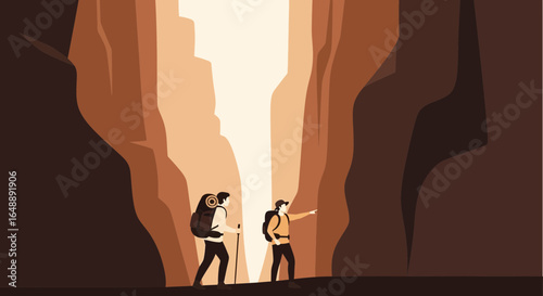 Adventurous Couple Exploring Magnificent Canyon Landscape Together In Flat Design