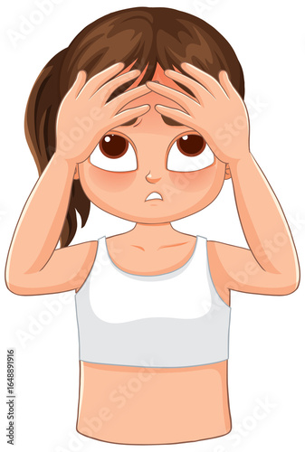 Vector illustration of a young girl with brown hair in a white sports top, touching her forehead with both hands, expressing concern or stress