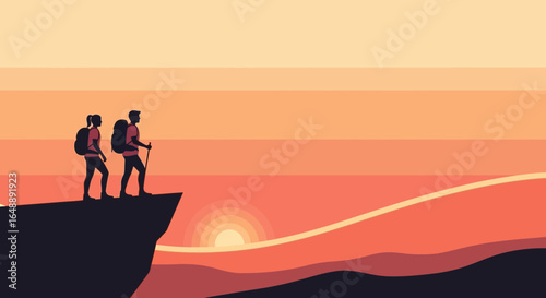 Adventurous Couple Hiking At Sunset Overlooking Picturesque Mountain Landscape