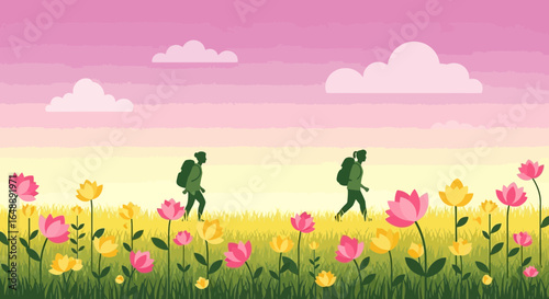 Adventurous Couple Hiking Through A Floral Meadow At Sunset In Nature