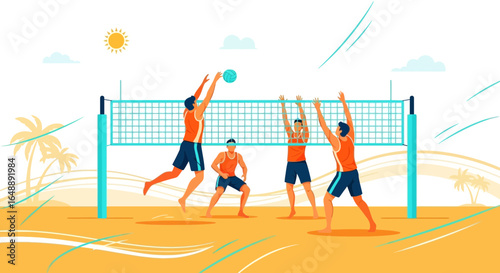 Active Men Play Beach Volleyball Under Sunny Sky During Summer Vacation
