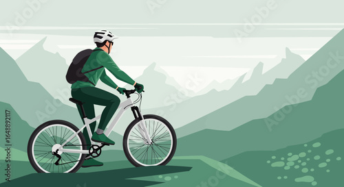 Adventurous Cyclist Exploring Mountainous Terrain With Serene Green Scenery
