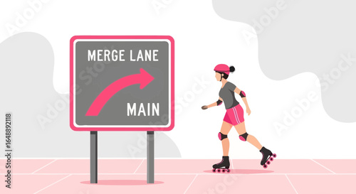 Active Woman Enjoying Roller Skating Near A Road Traffic Sign Vector Illustration