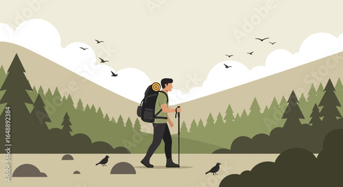 Adventurous Hiker Ascends Scenic Mountain With Pine Forest And Bird Silhouettes