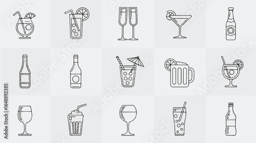 Monochrome line art illustration showcases an assortment of refreshing drinks including cocktails champagne beer wine and sodas ideal for menus or bar decor showcasing diverse beverages