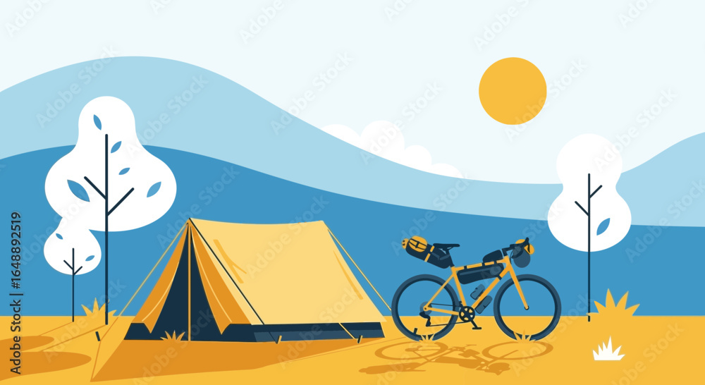 Obraz premium Adventure Awaits: Biking and Camping Under the Open Sky Flat Vector Illustration