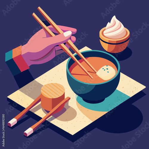 A hand holding chopsticks over a bowl of soup with a side dish