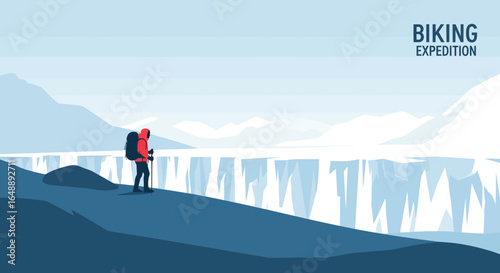 Adventurous Hiker Exploring Snowy Landscape With Backpack During Solo Expedition