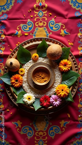Top view of traditional Ganesh Chaturthi puja thali with kalash, coconut, flowers, turmeric, kumkum, rice grains, and decorated betel leaves, on colorful ethnic cloth.

