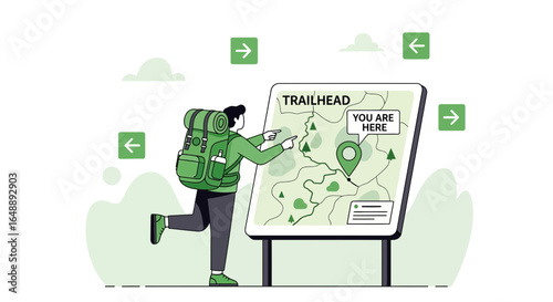 Adventurous Hiker Planning the Trek Route With Map and Directions Illustration