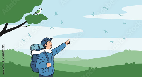 Adventurous Hiker Points Towards Distant Birds In The Verdant Landscape