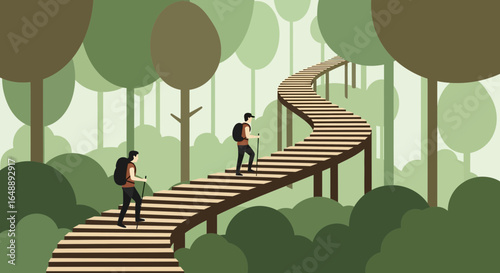 Adventure Awaits Hikers Ascending Forest Staircase Reaching Destination in Nature