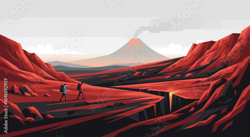 Adventure awaits hikers on a vibrant landscape with a smoking volcano in the distance creating a challenging yet breathtaking trek